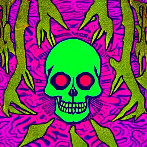 Prompt: a secret dream held by the reptilian overlords in psychedelic neon colors. drinking from the skulls of the poor