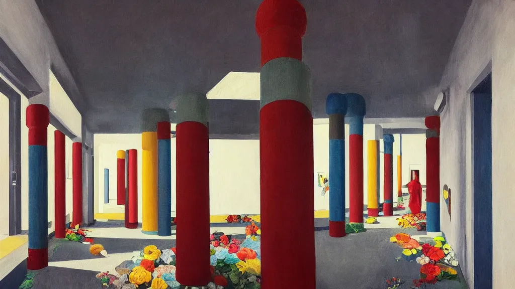 Image similar to colorful minimalist industrial interior hallway with monolithic pillars in the style of ridley scott and stanley kubrick, impossible stijl architecture, bed of flowers on floor, ultra wide angle view, realistic detailed painting by edward hopper