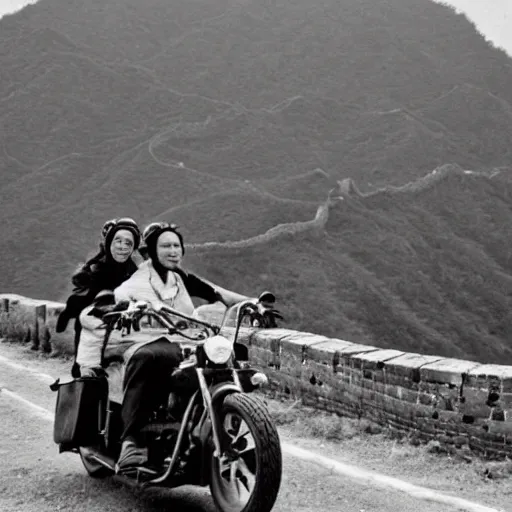 Image similar to a historical black and white photograph of two girls on a Harley Davidson motorbike driving fast over the Great Wall of China