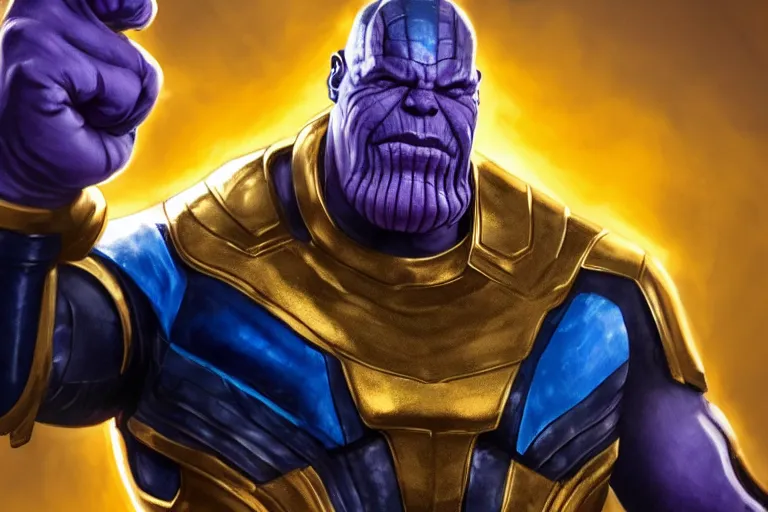 Image similar to Thanos wearing blue and gold armor grimacing while raising his clenched fist in the air, trending on Artstation, highly detailed, HD wallpaper, 4k, photorealistic, digital art