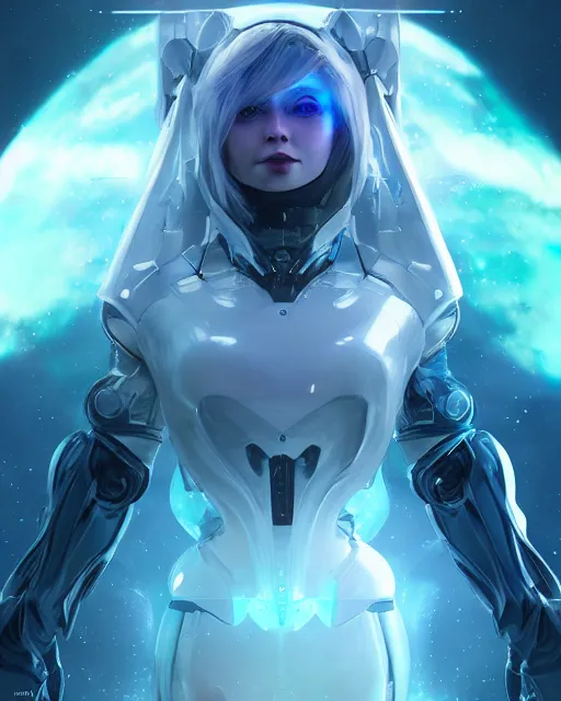 Image similar to perfect android girl on a mothership, warframe armor, beautiful face, scifi, futuristic, galaxy, nebula, raytracing, dreamy, long white hair, blue cyborg eyes, sharp focus, cinematic lighting, highly detailed, artstation, divine, by gauthier leblanc, kazuya takahashi, huifeng huang