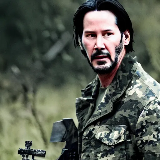 Prompt: keanu reeves wearing military outfit and camouflage cinematic photoshoot high quality highly affordable photo realistic 8 k hd