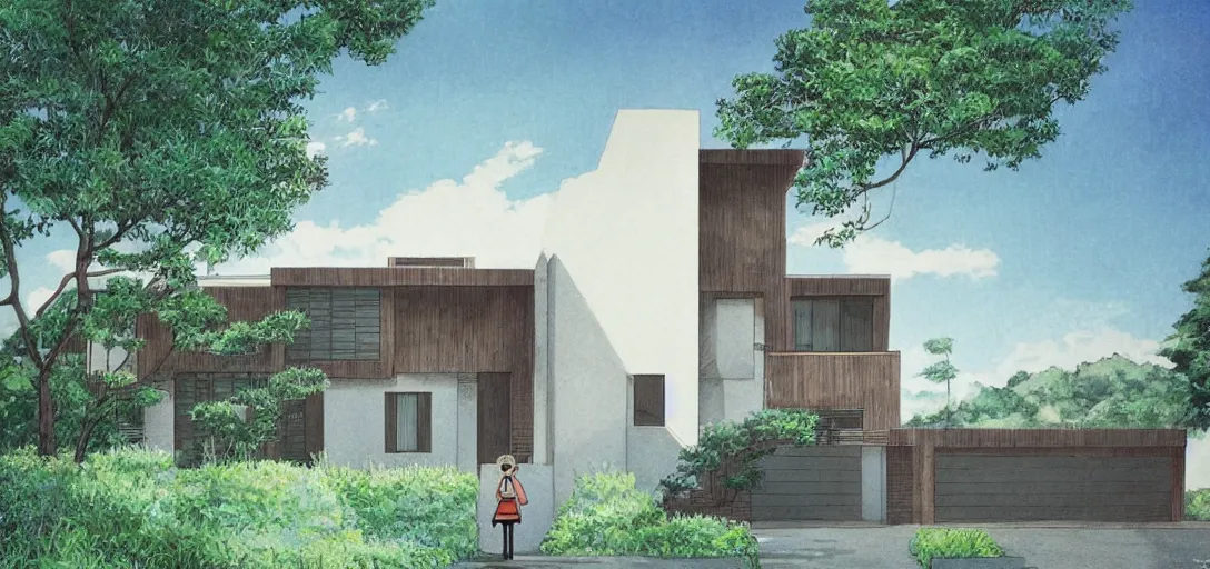 Image similar to Ghibli style modern house architecture