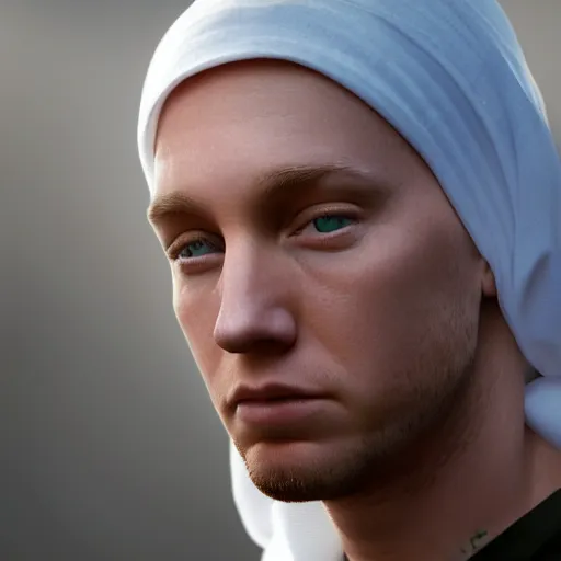 Image similar to closeup portrait of eminem converts to islam, depth of field, zeiss lens, detailed, symmetrical, centered, fashion photoshoot, by Annie Leibovitz and Steve McCurry, David Lazar, Jimmy Nelsson, Breathtaking, 8k resolution, extremely detailed, beautiful, establishing shot, artistic, hyperrealistic, beautiful face, octane render