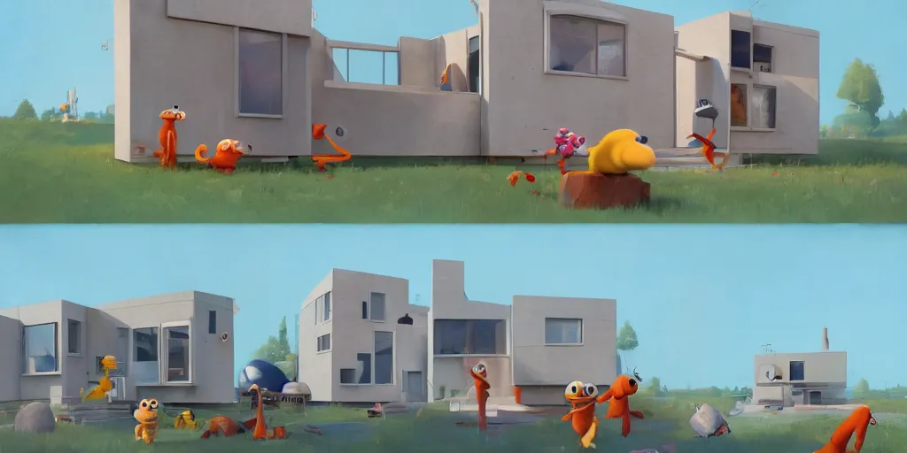 Image similar to cute muppets in mid century modern house by Goro Fujita and Simon Stalenhag , 8k, trending on artstation, hyper detailed, cinematic