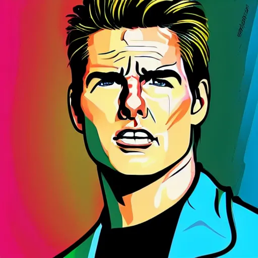 Prompt: portrait pop art comic illustration of Tom Cruise, profile view, bright colors, high detail, angry, sullen