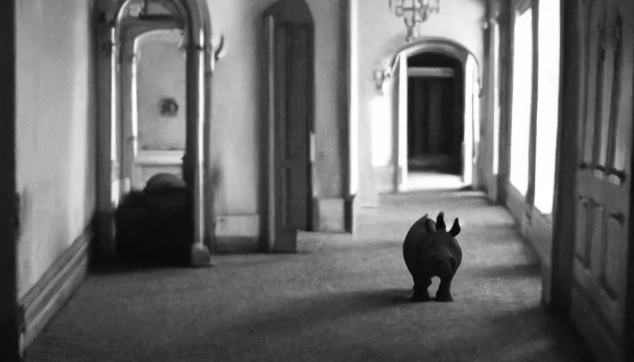 Prompt: a rhinoceros in a stalinist style house corridor, by mini dv camera, very very low quality, heavy grain, very blurry, accidental flash, caught on trail cam