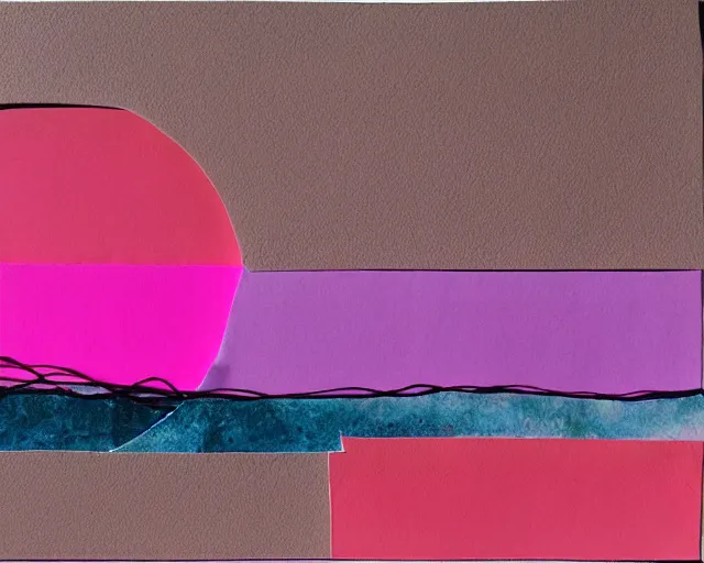 Image similar to deep sea trench, pink horizon. abstract collage made of paper, clay, and twine