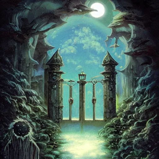 Image similar to gate portal with another world visible inside style studio ghibli and Gerald Brom, pixies flyng, dreamy, mystical, dark, fantasy