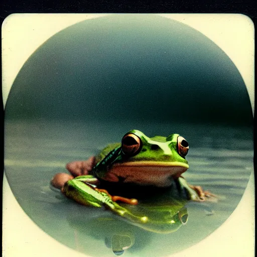 Image similar to semi translucent smiling frog amphibian floating upside down over misty lake in Jesus Christ pose, polaroid shot by Andrei Tarkovsky, paranormal, spiritual, mystical