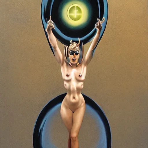 Image similar to infinity shot of a witch standing in front of a portal, surrealist painting by Hajime Sorayama