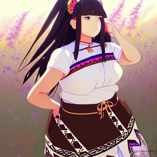 Image similar to a beautiful! plus sized native women instagram model, brown skin, wearing elegant catholic school girl designer fashion with mayan pattern and native style, aztec street fashion, gapmoe yandere grimdark, trending on pixiv fanbox, painted by greg rutkowski makoto shinkai takashi takeuchi studio ghibli, akihiko yoshida