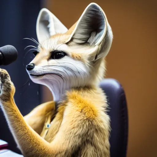 Prompt: a fennec fox testifying in court, photography, highly detailed