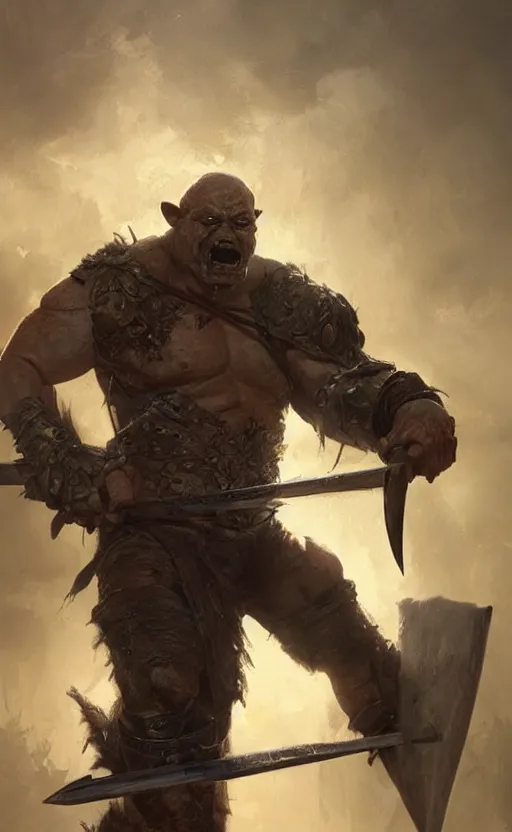 Prompt: Portrait of an orc holding a large warhammer, male, detailed face, fantasy, highly detailed, cinematic lighting, digital art painting by greg rutkowski