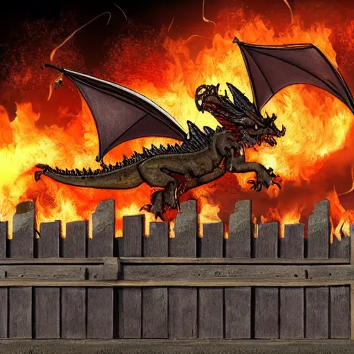 Prompt: a dragon blasting fire with his breath against a wooden gate of a castle wall, with crossbow men on top of the wall
