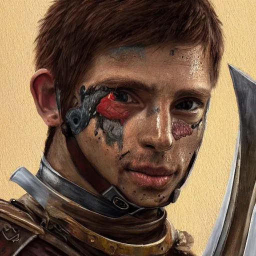 Image similar to realistic painting character portrait young scarred captain knight with a steel breastplate, short brown hair and stubble. straight nose, brown eyes, lean face and build. holding a longsword with a longbow on his back. hyper detailed