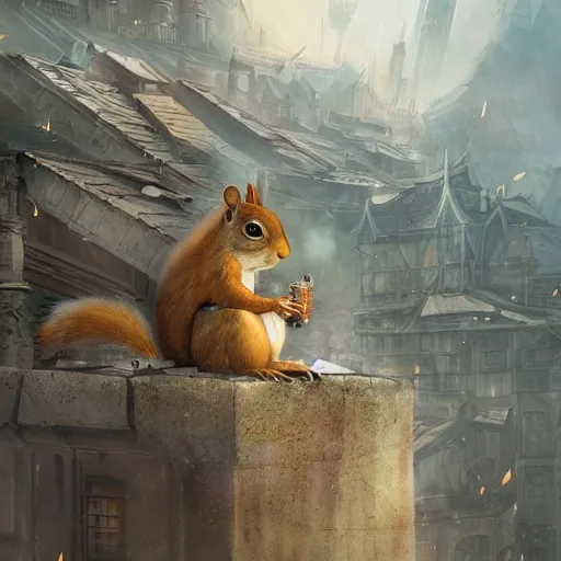 Image similar to Anthropomorphic Squirrel wearing a Cloak sitting otop a roof in a decimated city, concept art,like a action book cover,by rossdraws and greg rutkowski,Leonardo DaVinci