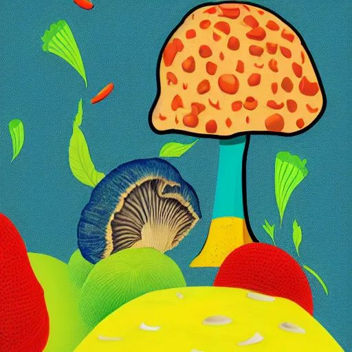 Prompt: Spencers Shroomery logo. Mushroom theme colorful retro styling by ivan chermayeff