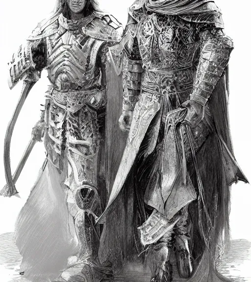 Image similar to long blond hair man in armor with another man with long blong hair tyed up with black robes, pen and ink, intricate line drawings, by craig mullins, ruan jia, kentaro miura, greg rutkowski, loundraw