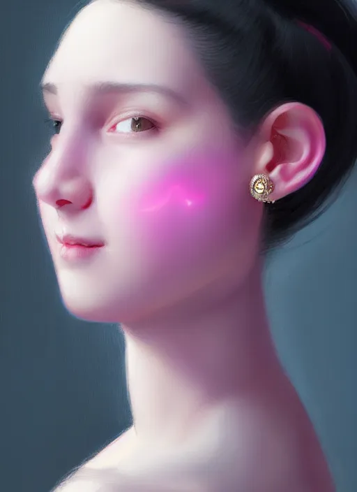 Image similar to portrait of teenage girl, narrow face, black hair, bangs, half updo hairstyle, skinny, smile, unattractive, defined jawline, big chin, wearing pink hair bow, earrings, intricate, elegant, glowing lights, highly detailed, digital painting, artstation, sharp focus, illustration, art by wlop, mars ravelo and greg rutkowski