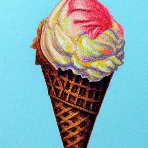 Image similar to Colored pencil art on paper, Ice Cream cone, highly detailed, artstation, MasterPiece, Award-Winning, Caran d'Ache Luminance