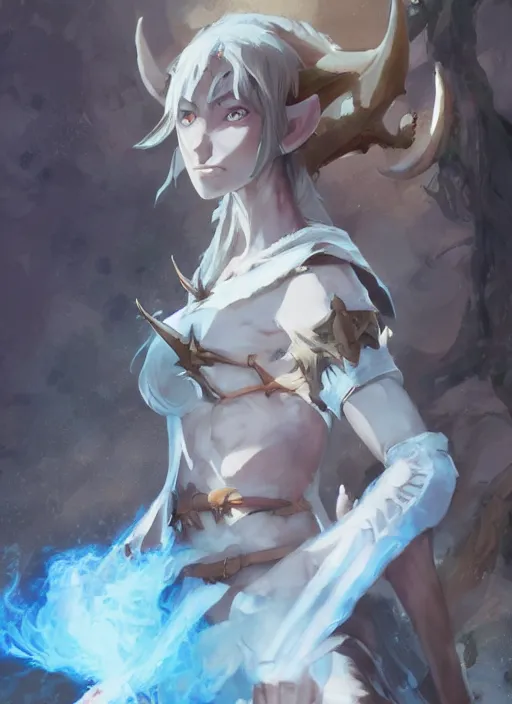 Image similar to concept art painting of an elf with brown skin and short white hair, demon horns, blue tunic and robes, detailed, d & d style, cel shaded, in the style of ruan jia and artgerm and makoto shinkai and james gurney