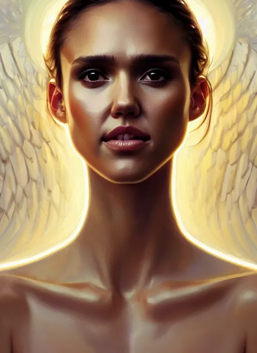 Prompt: half Jessica Alba half Nathalie Portman the pure gorgeous opulent white angel, gorgeous full body portrait, slight smile, diffuse studio lights, autumn lights, highly detailed, digital painting, artstation, concept art, sharp focus, illustration, art by wlop and greg rutkowski and alphonse mucha and artgerm