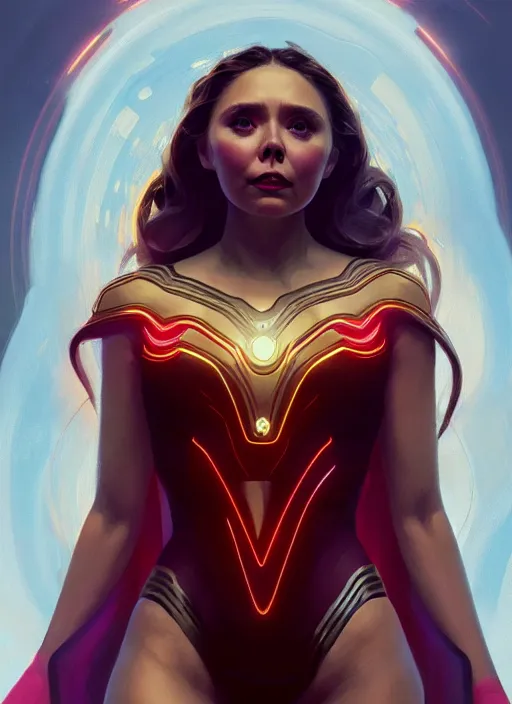 Image similar to portrait of modern darna, elizabeth olsen, intricate, elegant, glowing lights, highly detailed, digital painting, artstation, glamor pose, concept art, smooth, sharp focus, illustration, art by wlop, mars ravelo and greg rutkowski