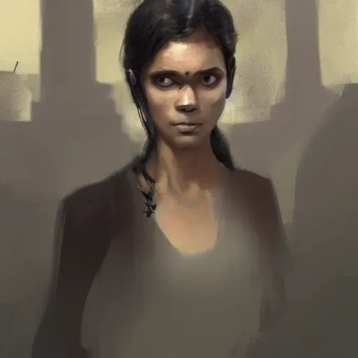 Image similar to a medieval spy from sri lanka, female, black clothes, clever and hopeful, out for revenge, sci fi character portrait by Greg Rutkowski, Craig Mullins
