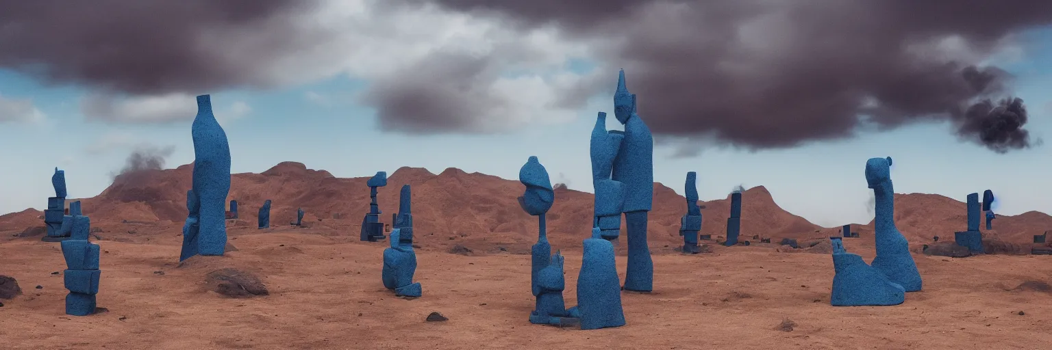 Image similar to towering blue ceramic statues in an en endless blue desert with an overcast sky, cinematic composition, coloured smoke in the distance