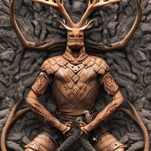 Image similar to warrior with surface of tree - bark, wearing stone wood vines antlers armor, holding laser rifle, lotus position, meditating, highly detailed, dramatic lighting, cinematic, sci - fi, hyperrealistic, detailed