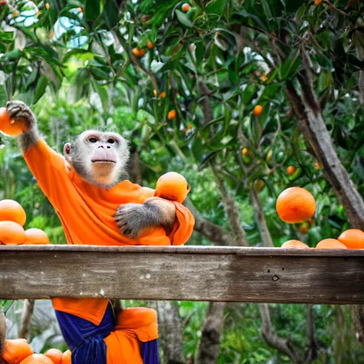 Prompt: a press photography of a monkey harvesting oranges in florida photography, iso 1 0 0, report, press photo