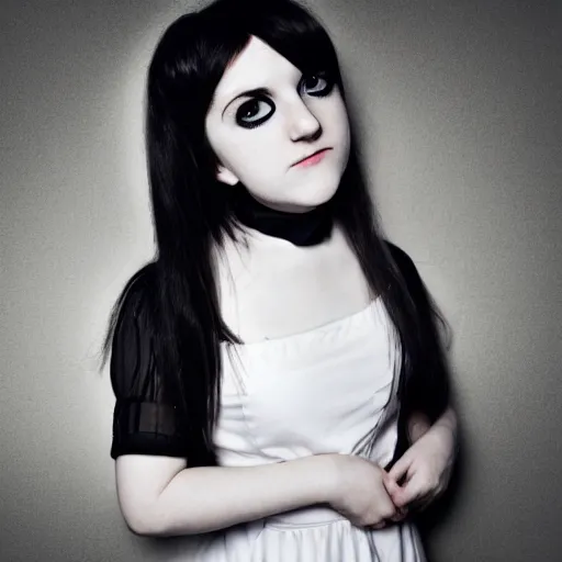 Prompt: A photograph of a pale emo girl wearing a maid dress, camera flash, high-contrast