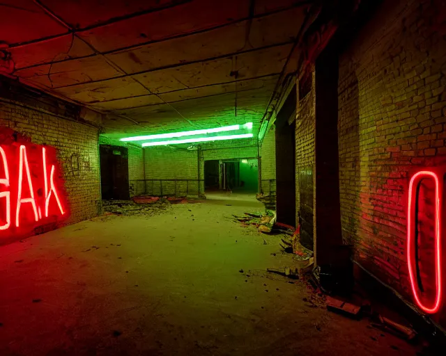 Prompt: An abandoned industial basement lit by a neon sign that says GAK, GAK sign, basement, cinematography by Robby Müller, GAK basement, industrial