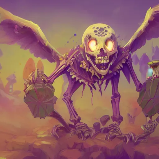 Image similar to cute skeleton animal creatures. hearthstone animal creatures, graveyard background, bright art masterpiece artstation. 8k, sharp high quality artwork in style of Jose Daniel Cabrera Pena and Greg Rutkowski, violet theme, concept art by Tooth Wu, hearthstone card game artwork