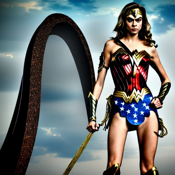 Image similar to professional full length photograph of cara delevingne as wonder woman. Extremely detailed. 8k