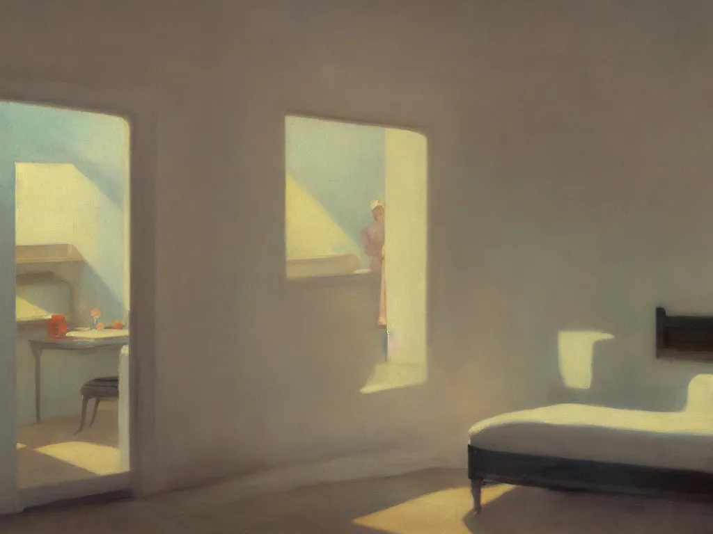 Image similar to view of the cosmos, soft colors, cinematic, volumetric lighting, god rays, epic, realistic, detailed, ultra wide angle view, painting in the style of edward hopper