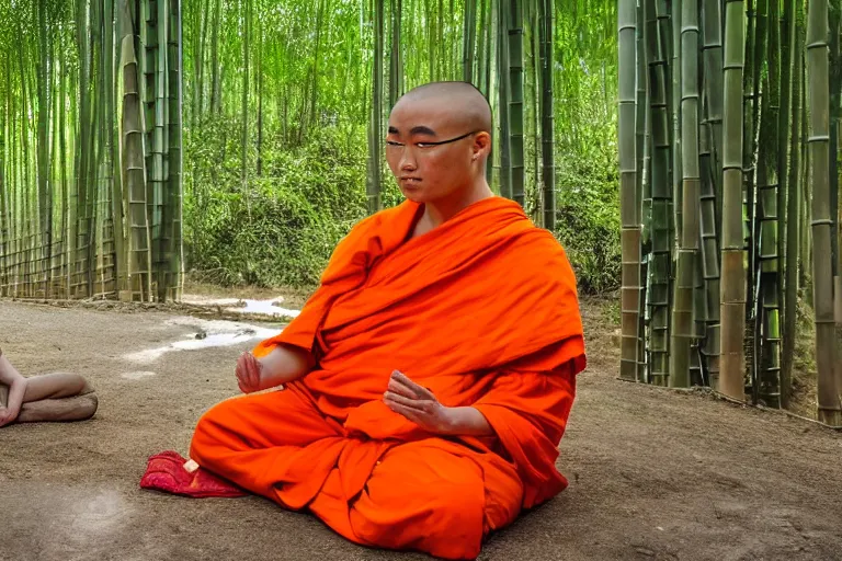 Image similar to a high quality photo of a panda monk, wearing orange clothes, meditating, sitting in front of a temple. bamboo forest in the background, shinji aramaki