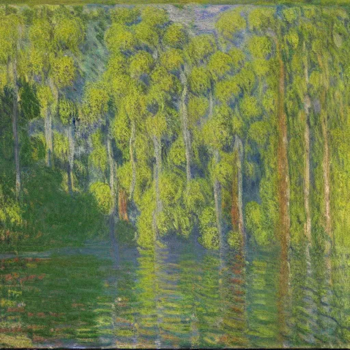 Prompt: A serene landscape of lake in the forest, by Oscar-Claude Monet