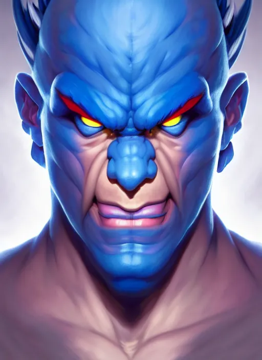 Image similar to symmetry!! portrait of blue akuma, street fighter, global illumination!! intricate, elegant, highly detailed, digital painting, artstation, concept art, smooth, sharp focus, illustration, art by artgerm and greg rutkowski and alphonse mucha