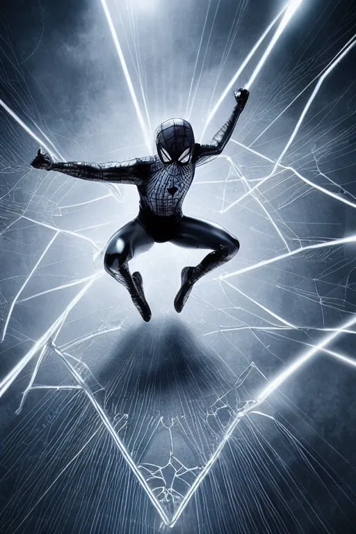 Prompt: metallic reflective silver spider-man, character poster, dramatic lighting, atmospheric dust, intense lens flare, hazy city backdrop