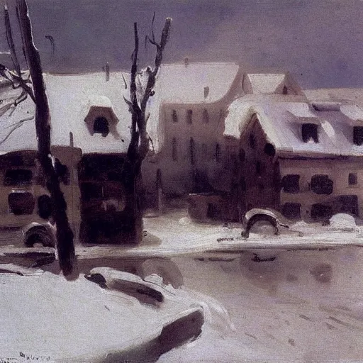 Image similar to A painting of a village during a snow storm, John Singer Sargent