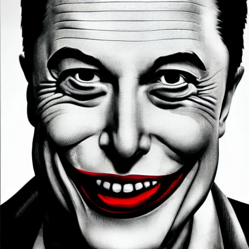 Image similar to elon musk as joker, highly detailed face, 8 k, 3 5 mm film