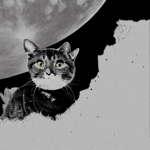 Prompt: black and white photo of a cat on the moon