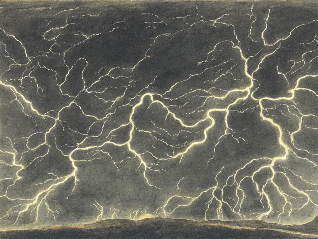 Prompt: Lightning striking the ground, making a forest of light. Hardened lava fields as far you can see. Cosmic melancholy, lunar. Painting by William Blake, Alfred Kubin