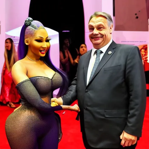 Image similar to viktor orban happy to pose for a photo with nicki minaj, highly detailed, hyper realistic