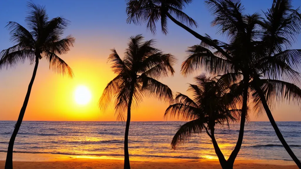 Prompt: A beach with a beautiful sunset with palm trees