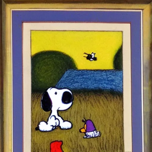 Image similar to snoopy and woodstock by dora carrington, oil pastels