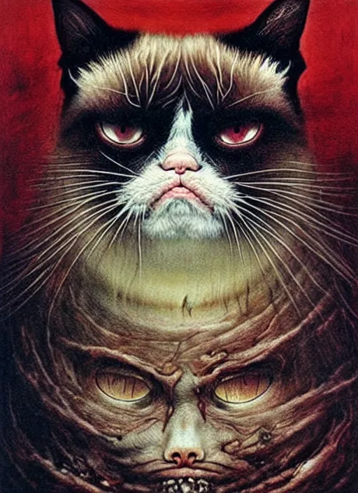 Image similar to a spirit of grumpy cat, red lake, highly detailed, art by Ayami Kojima, Beksinski, Giger