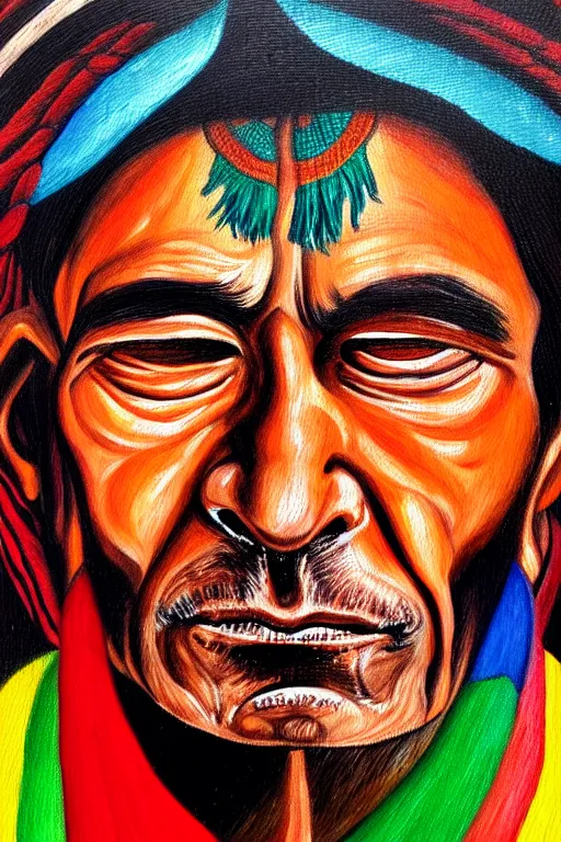 Image similar to Portrait Paintings of a South American Shaman in the style of Luis Tamani,